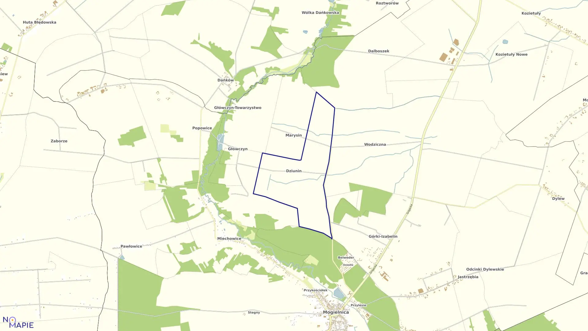 Mapa obrębu DZIUNIN w gminie Mogielnica