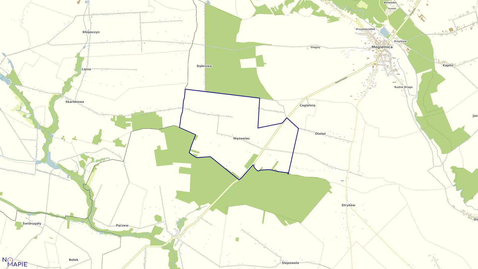 Mapa obrębu WĘŻOWIEC w gminie Mogielnica